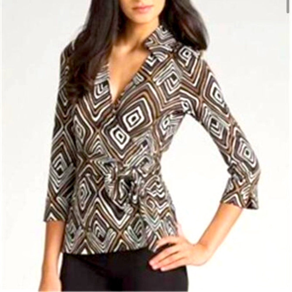 DVF Diane Von Furstenberg JILL Jersey Wrap Top Vintage Tribal Diamond Neutral